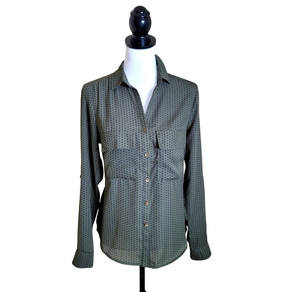 Button Down Shirt, Blouse Top, Olive Green Blue, Business Casual Preppy Small